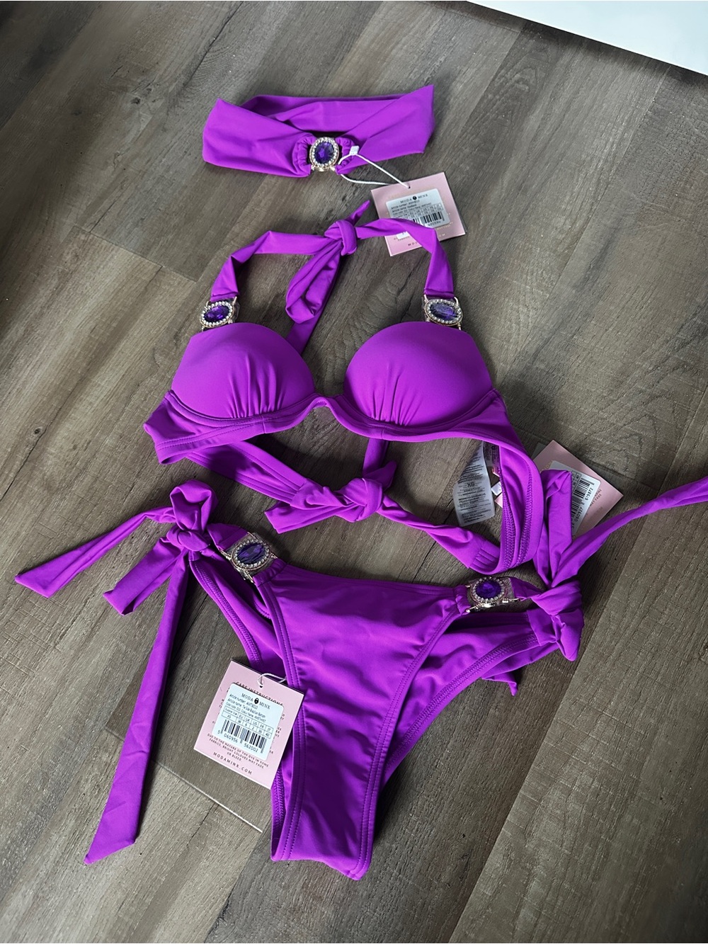 NWT Moda Minx Amethyst Push Up Top and Bum Srunch Tie Side Bottoms Bikini Set